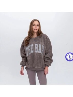 THE BAR Taupe Sherpa Crewneck with White Chest Lettering